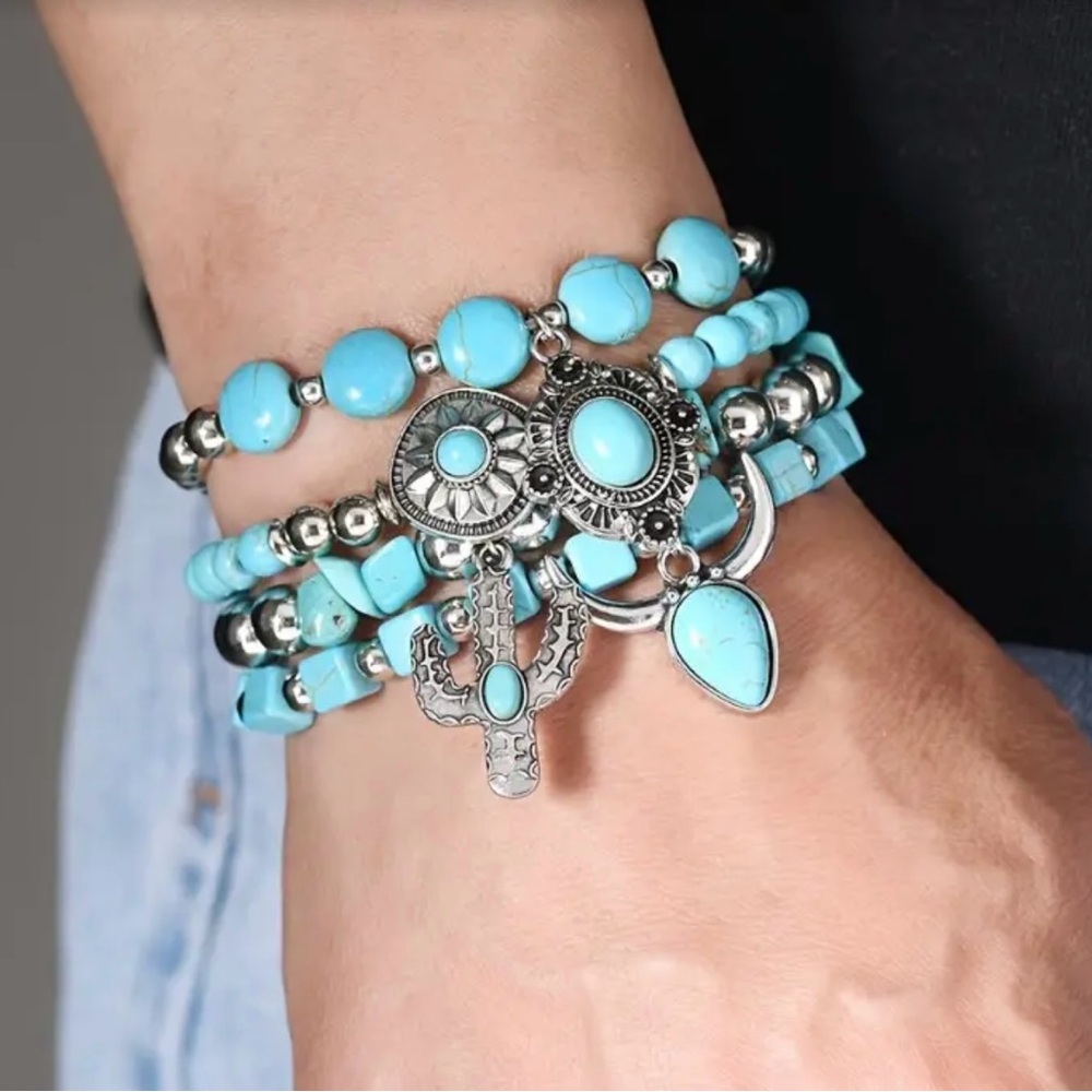 BohoTurquoise and Silver Charm Bracelet Set of 4
